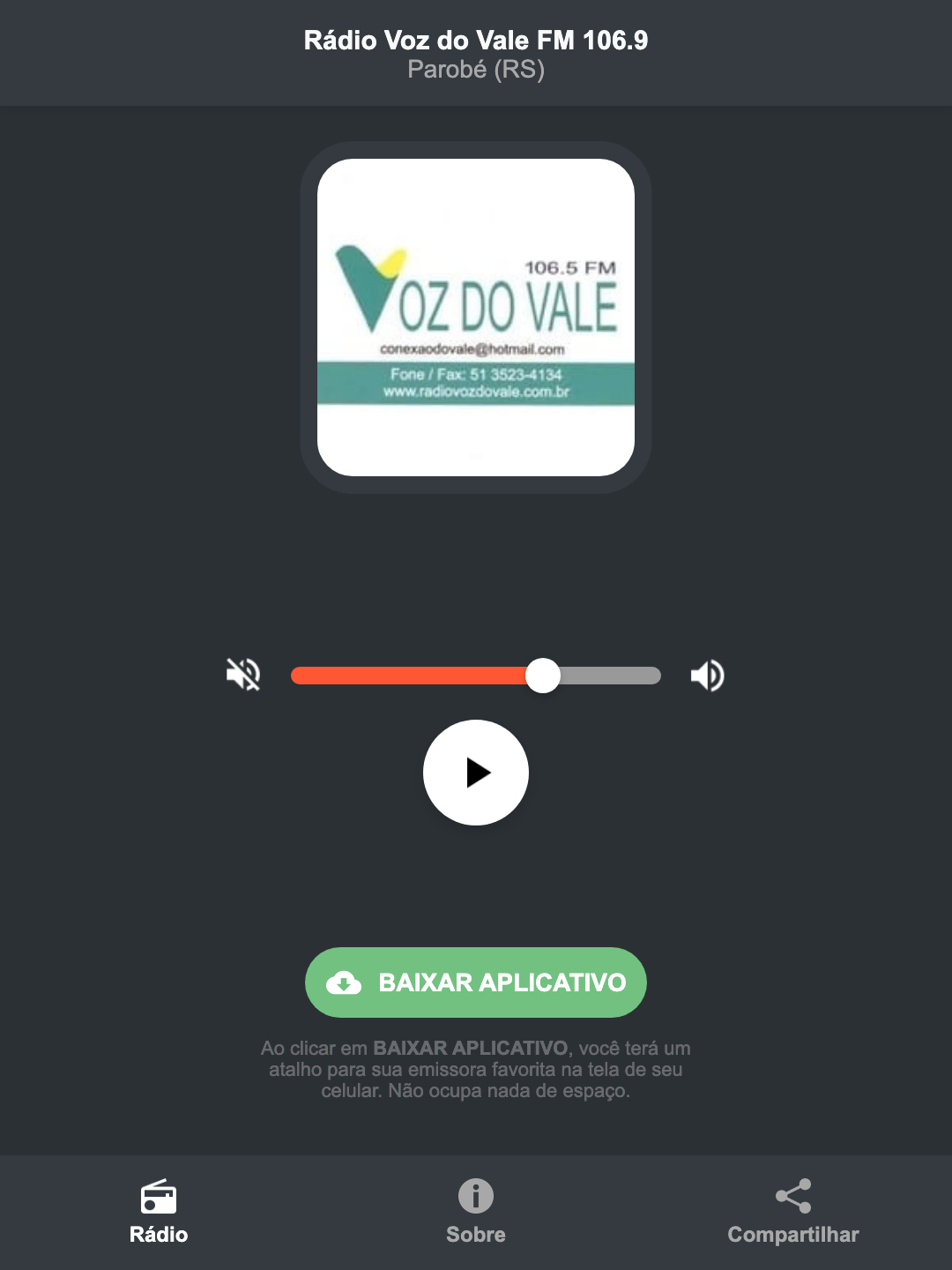 Screenshot do aplicativo da Rádio Voz do Vale FM 106.9
