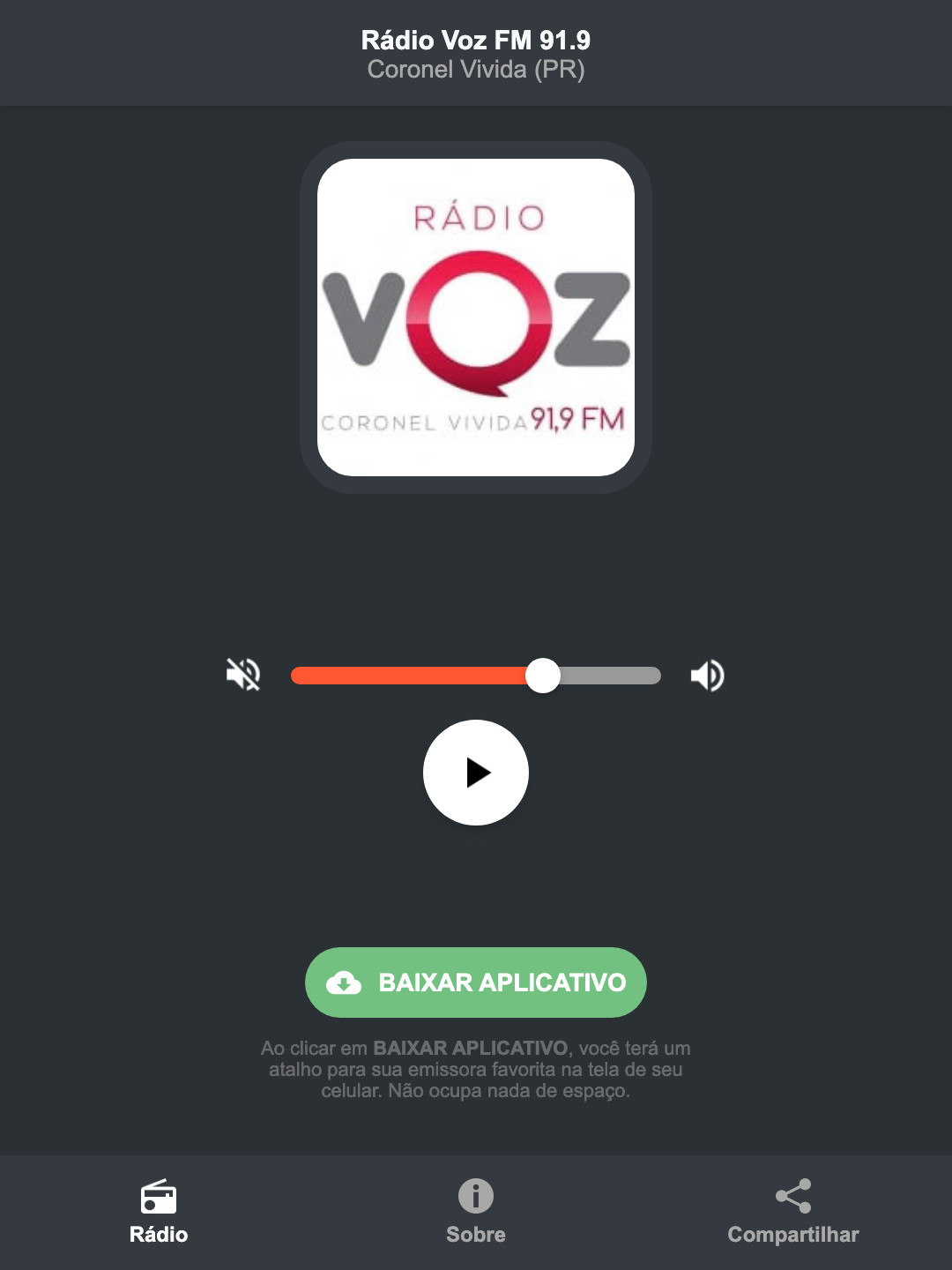 Screenshot do aplicativo da Rádio Voz FM 91.9