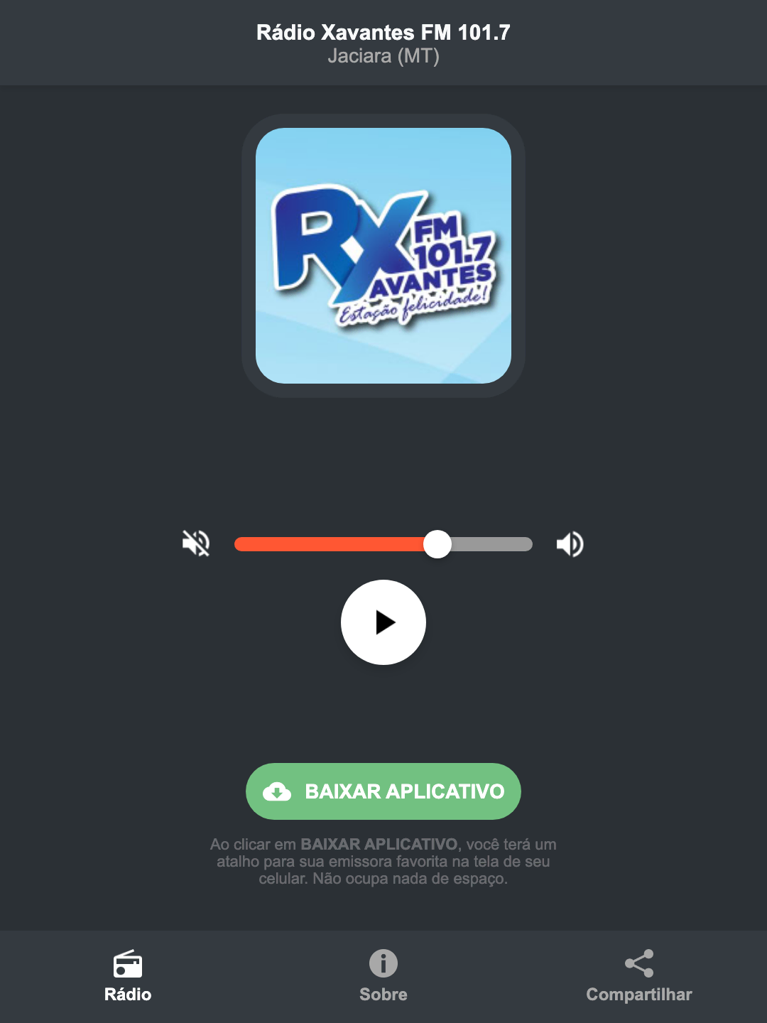 Screenshot do aplicativo da Rádio Xavantes FM 101.7