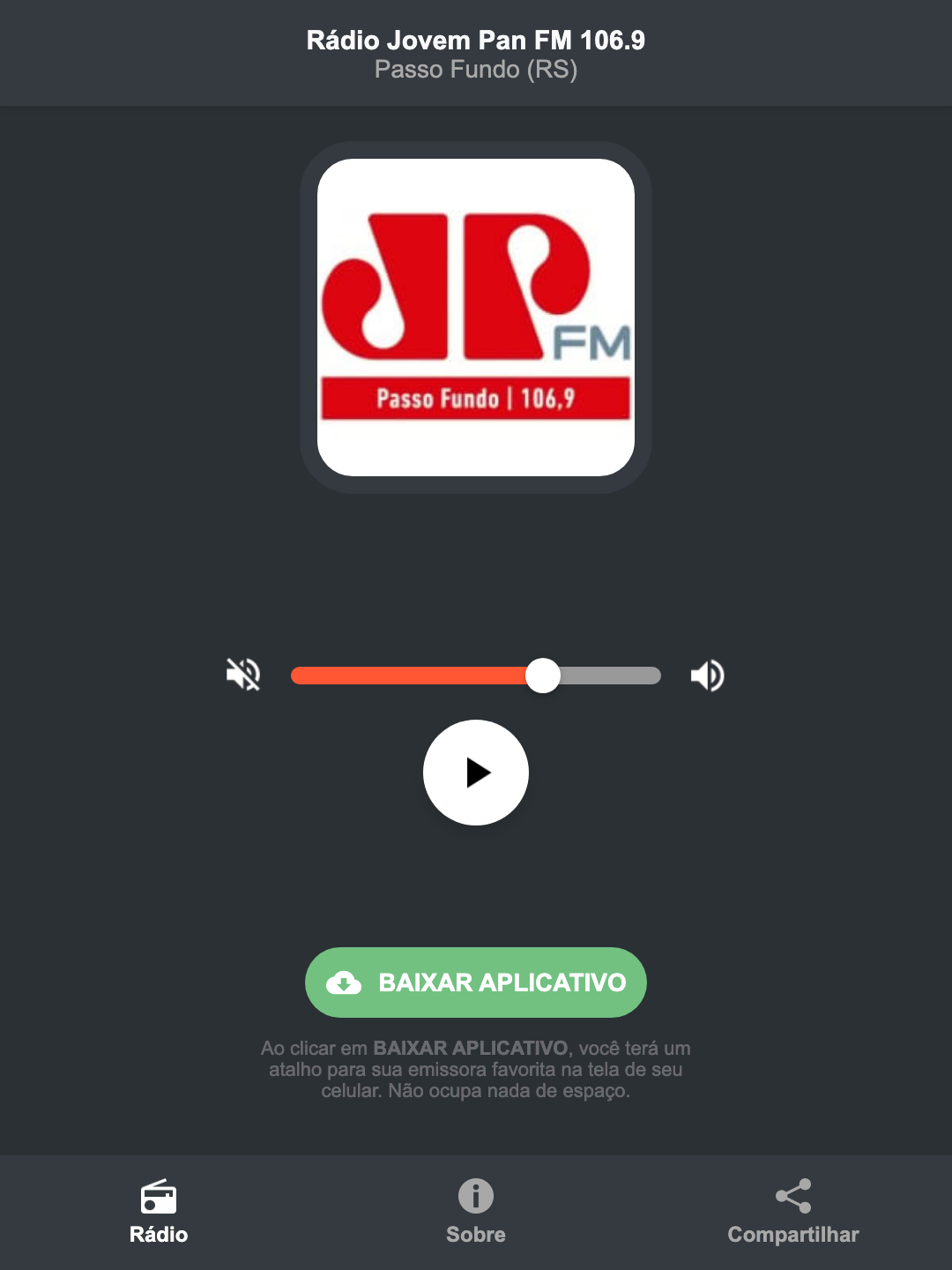 Screenshot do aplicativo da Rádio Jovem Pan FM 106.9