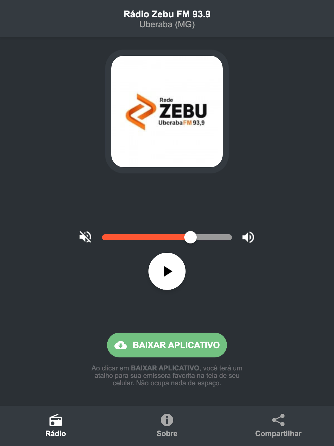 Screenshot do aplicativo da Rádio Zebu FM 93.9