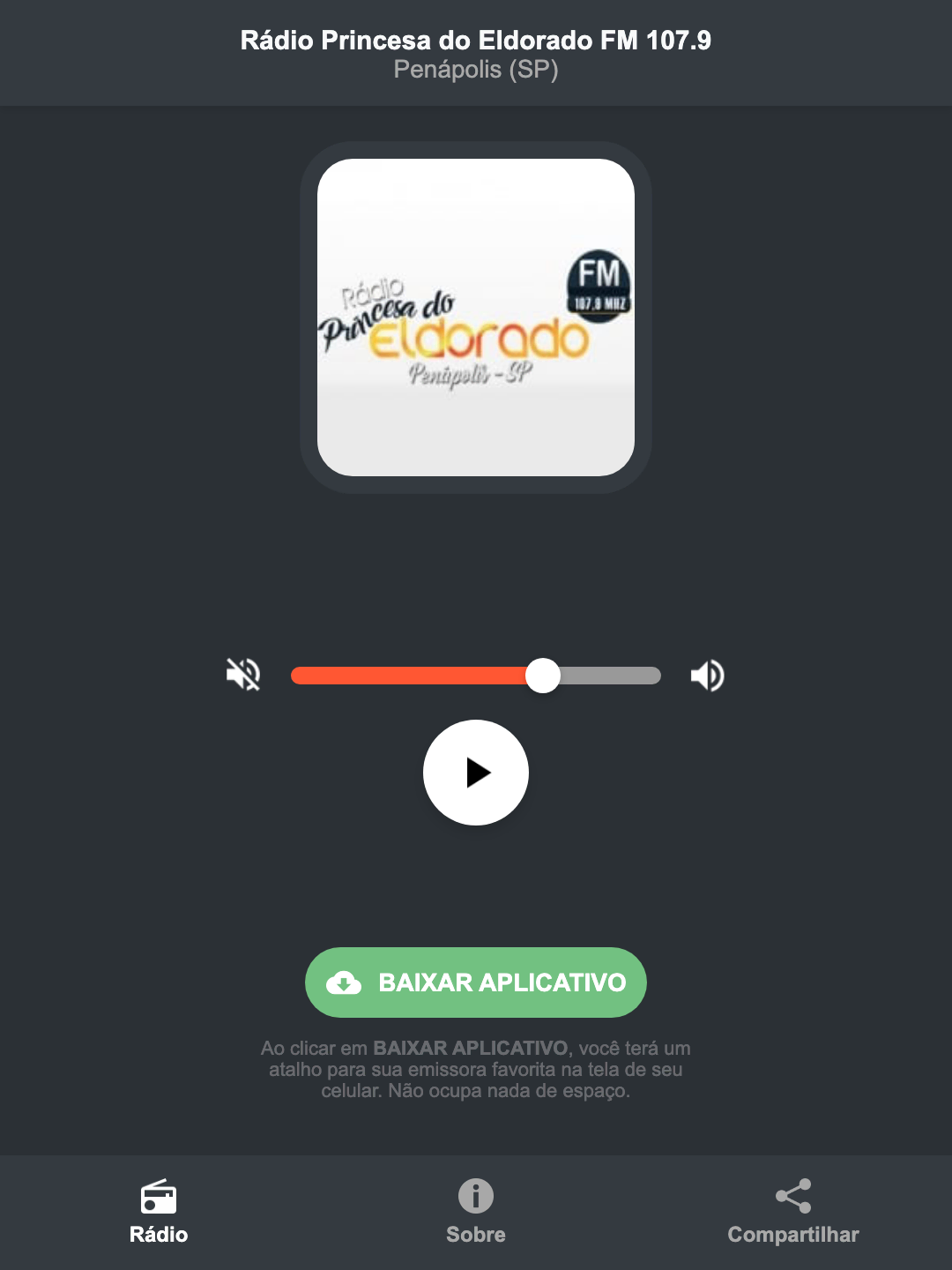 Screenshot do aplicativo da Rádio Princesa do Eldorado FM 107.9
