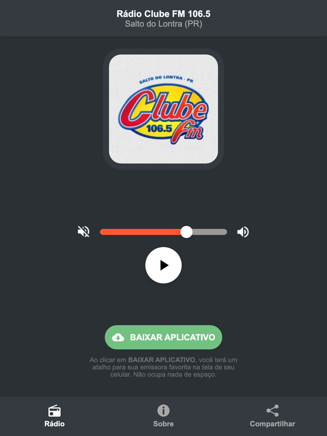 Screenshot do aplicativo da Rádio Clube FM 106.5