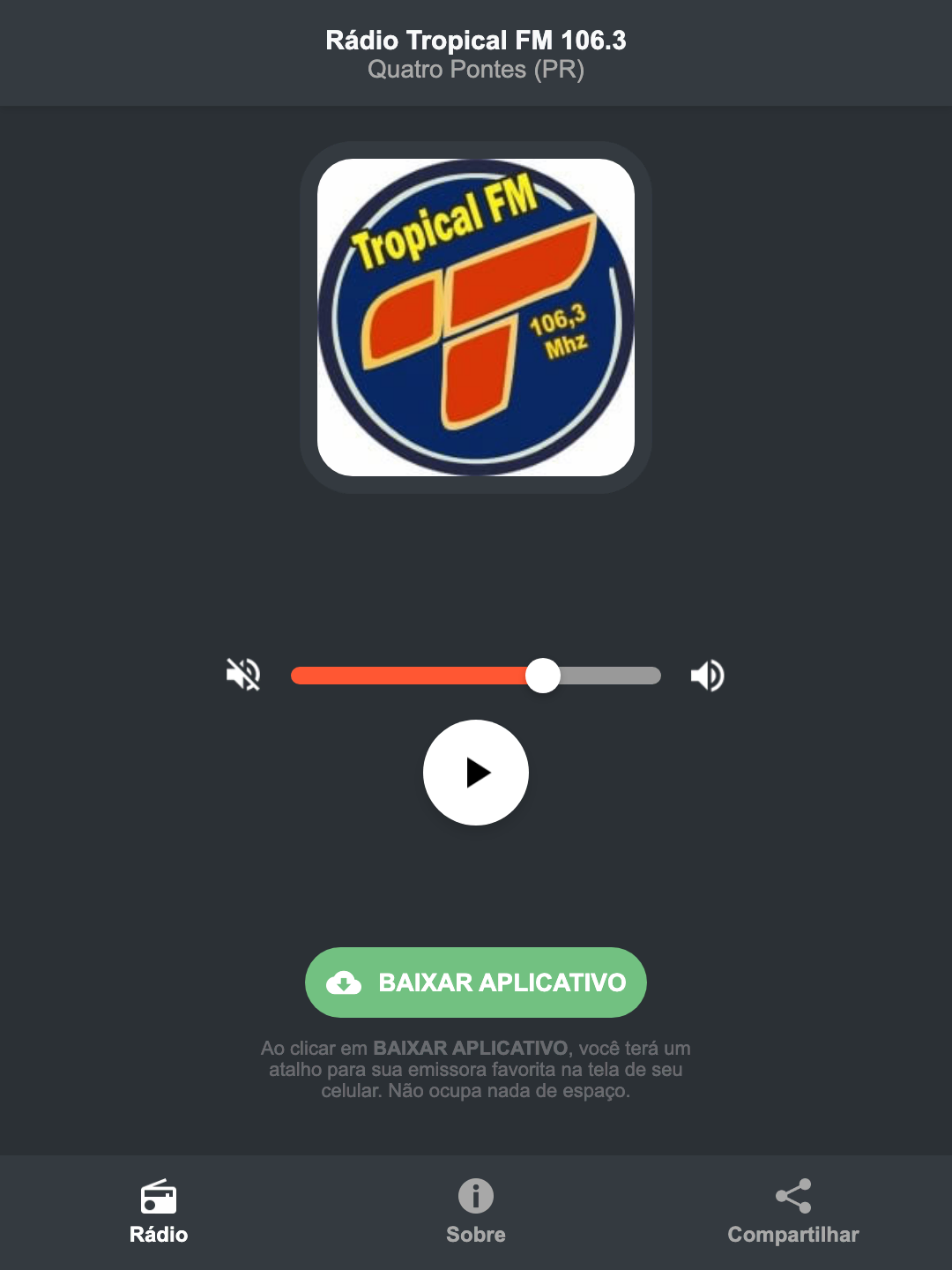 Screenshot do aplicativo da Rádio Tropical FM 106.3