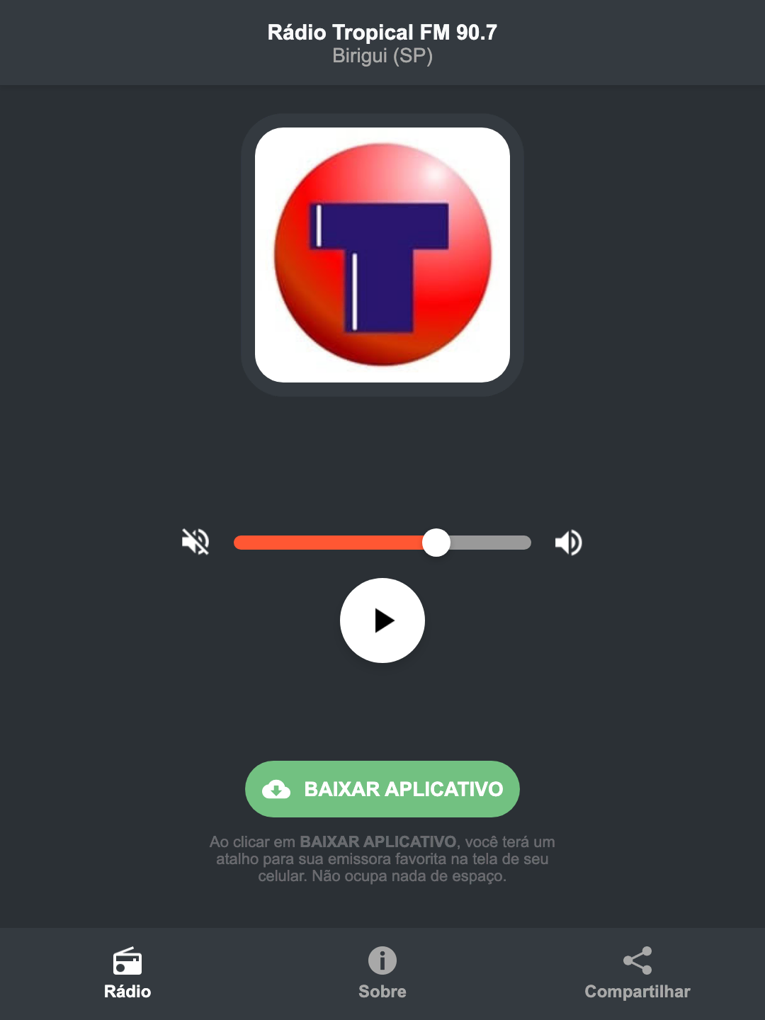 Screenshot do aplicativo da Rádio Tropical FM 90.7