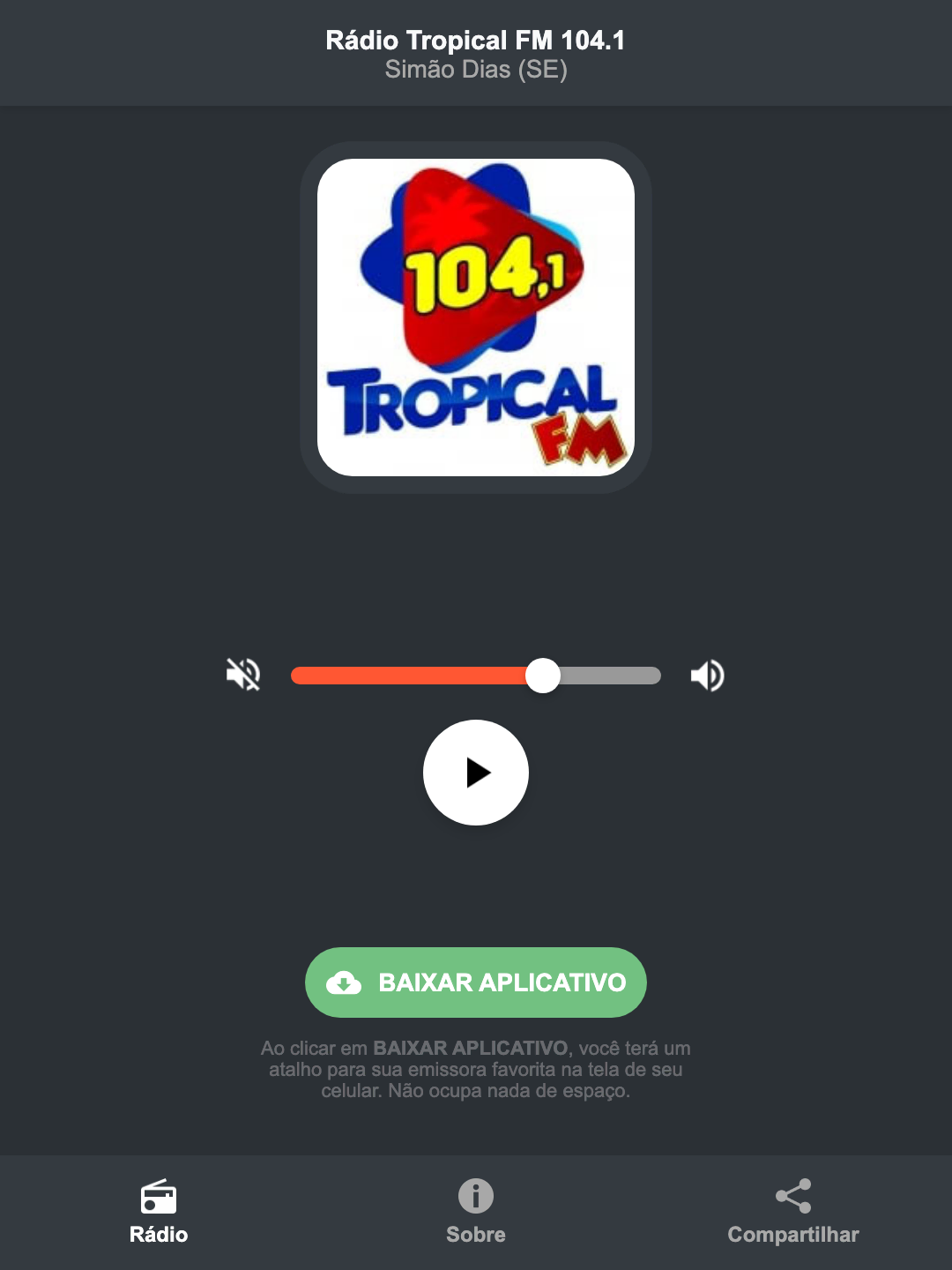 Screenshot do aplicativo da Rádio Tropical FM 104.1