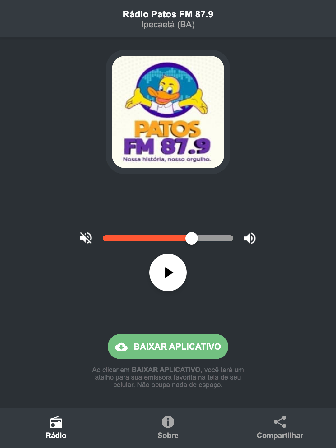 Screenshot do aplicativo da Rádio Patos FM 87.9