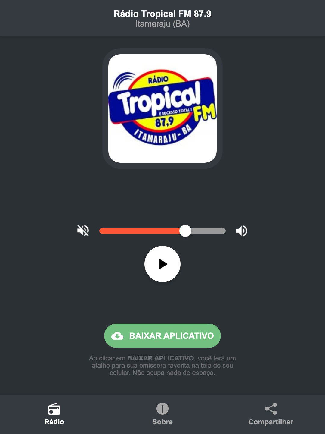 Screenshot do aplicativo da Rádio Tropical FM 87.9
