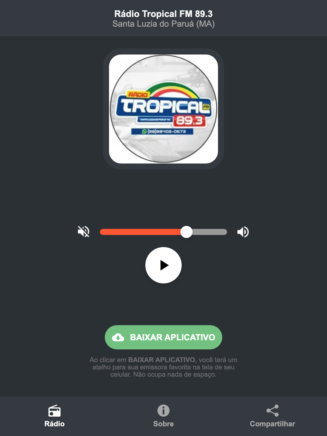 Screenshot do aplicativo da Rádio Tropical FM 89.3