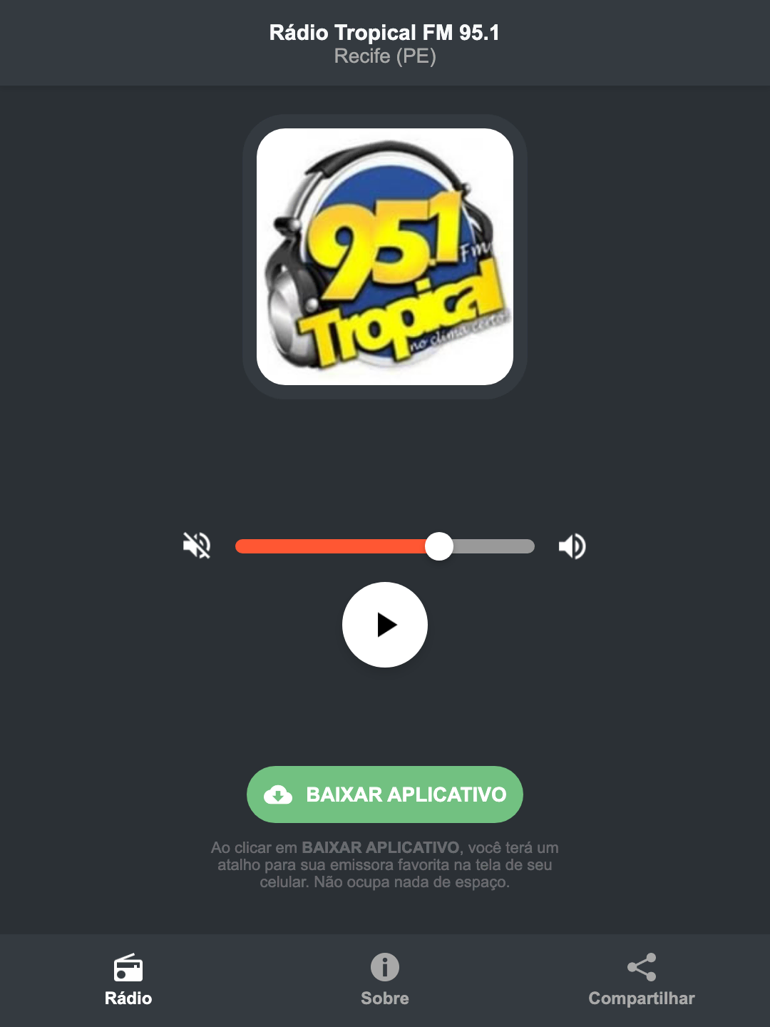 Screenshot do aplicativo da Rádio Tropical FM 95.1