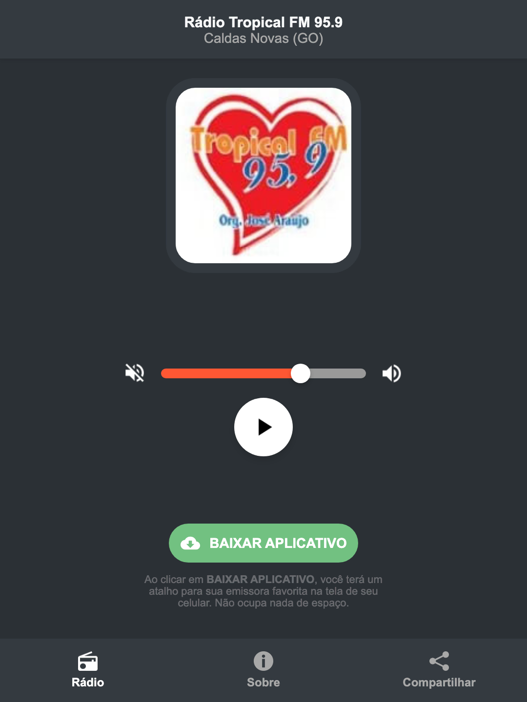 Screenshot do aplicativo da Rádio Tropical FM 95.9