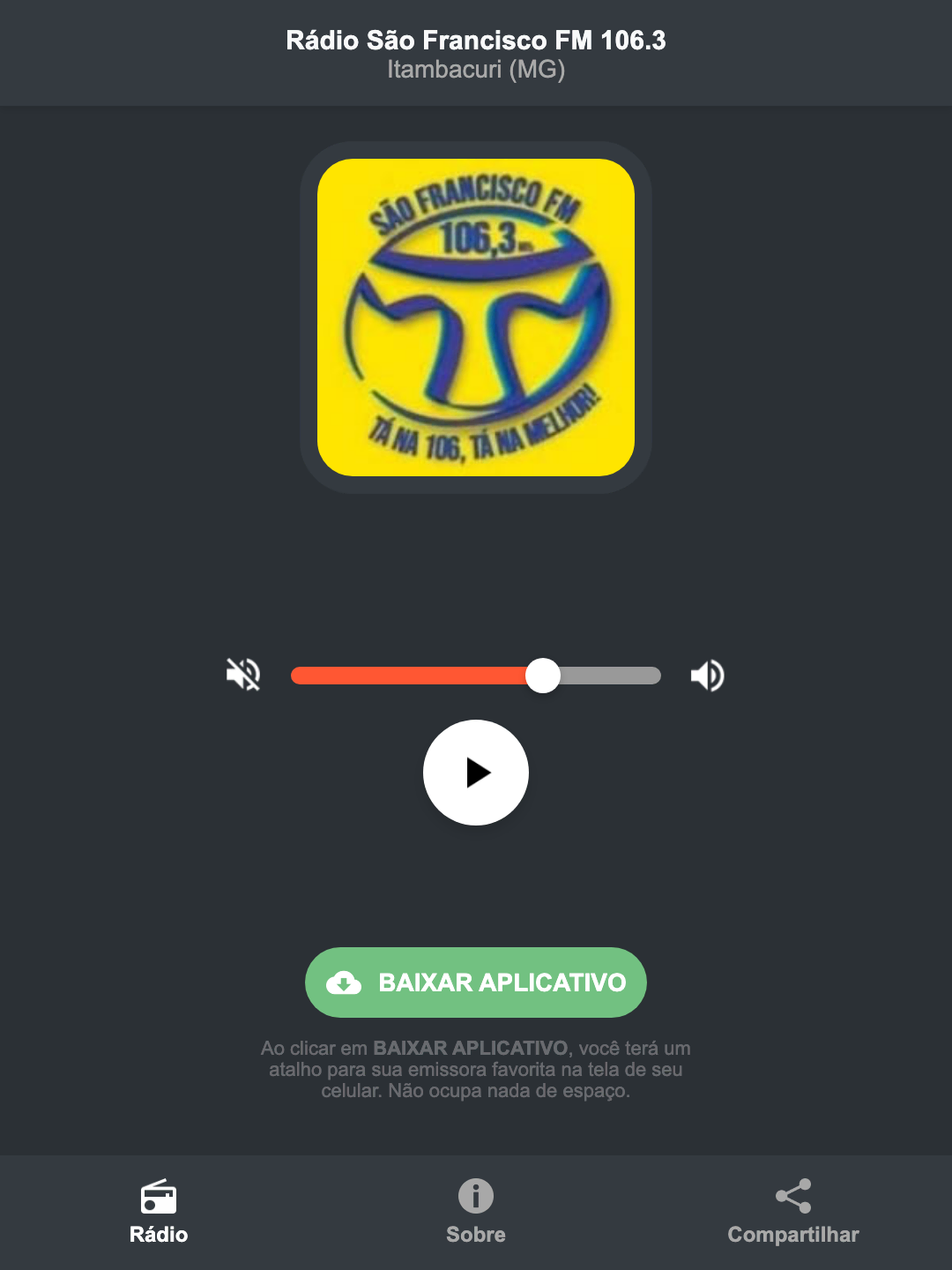 Screenshot do aplicativo da Rádio São Francisco FM 106.3
