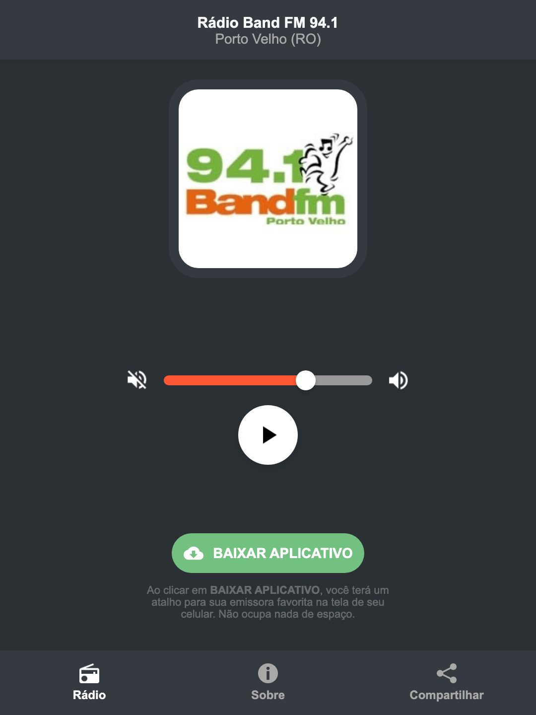 Screenshot do aplicativo da Rádio Band FM 94.1