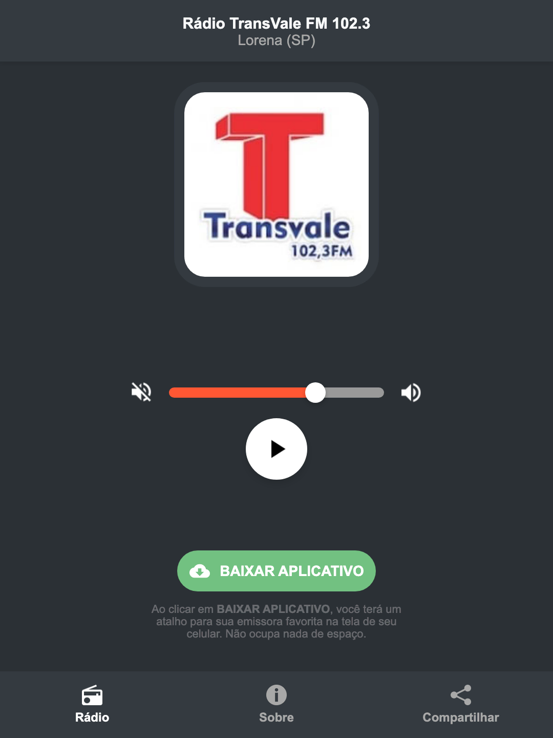 Screenshot do aplicativo da Rádio TransVale FM 102.3