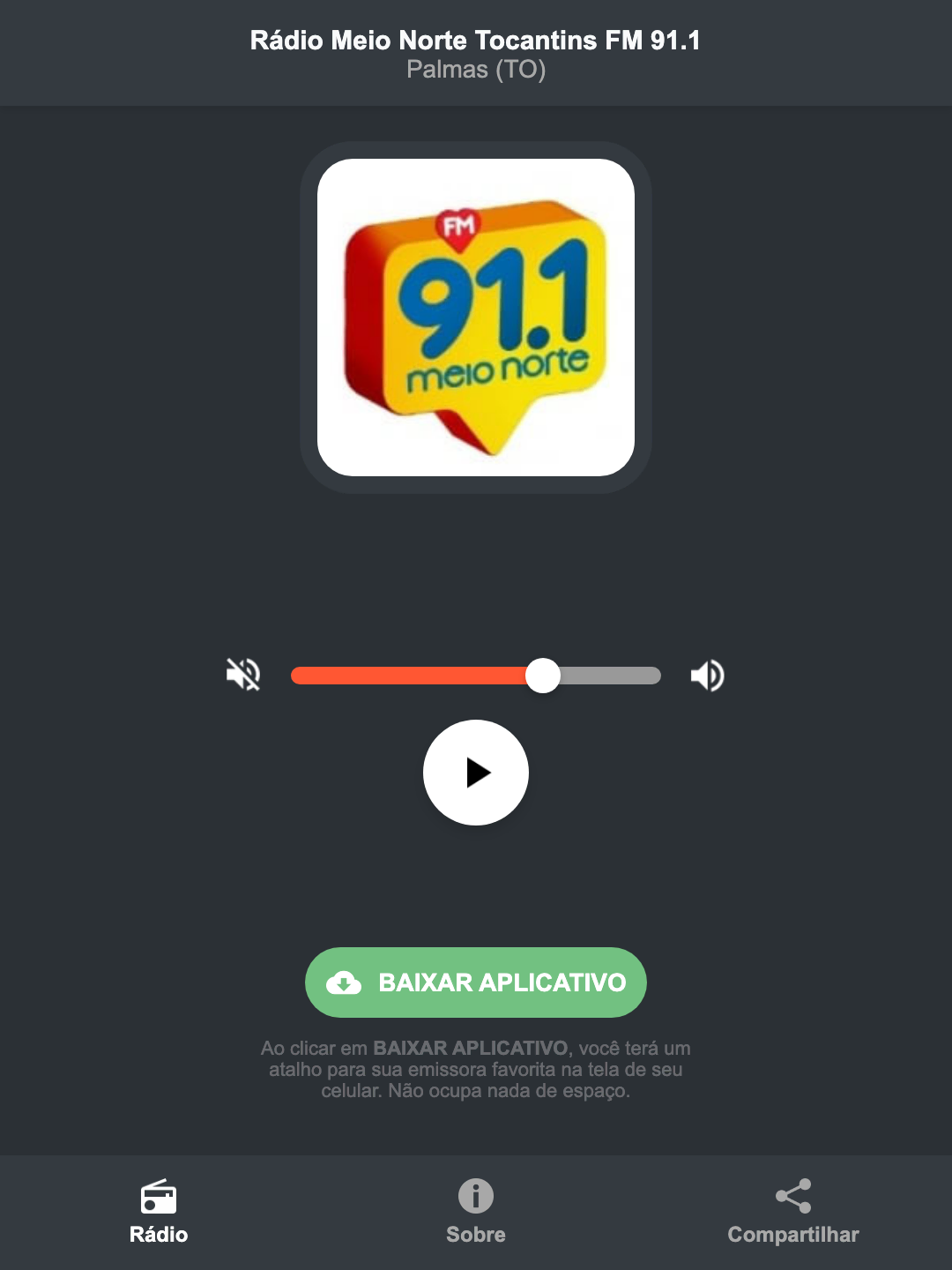 Screenshot do aplicativo da Rádio Meio Norte Tocantins FM 91.1