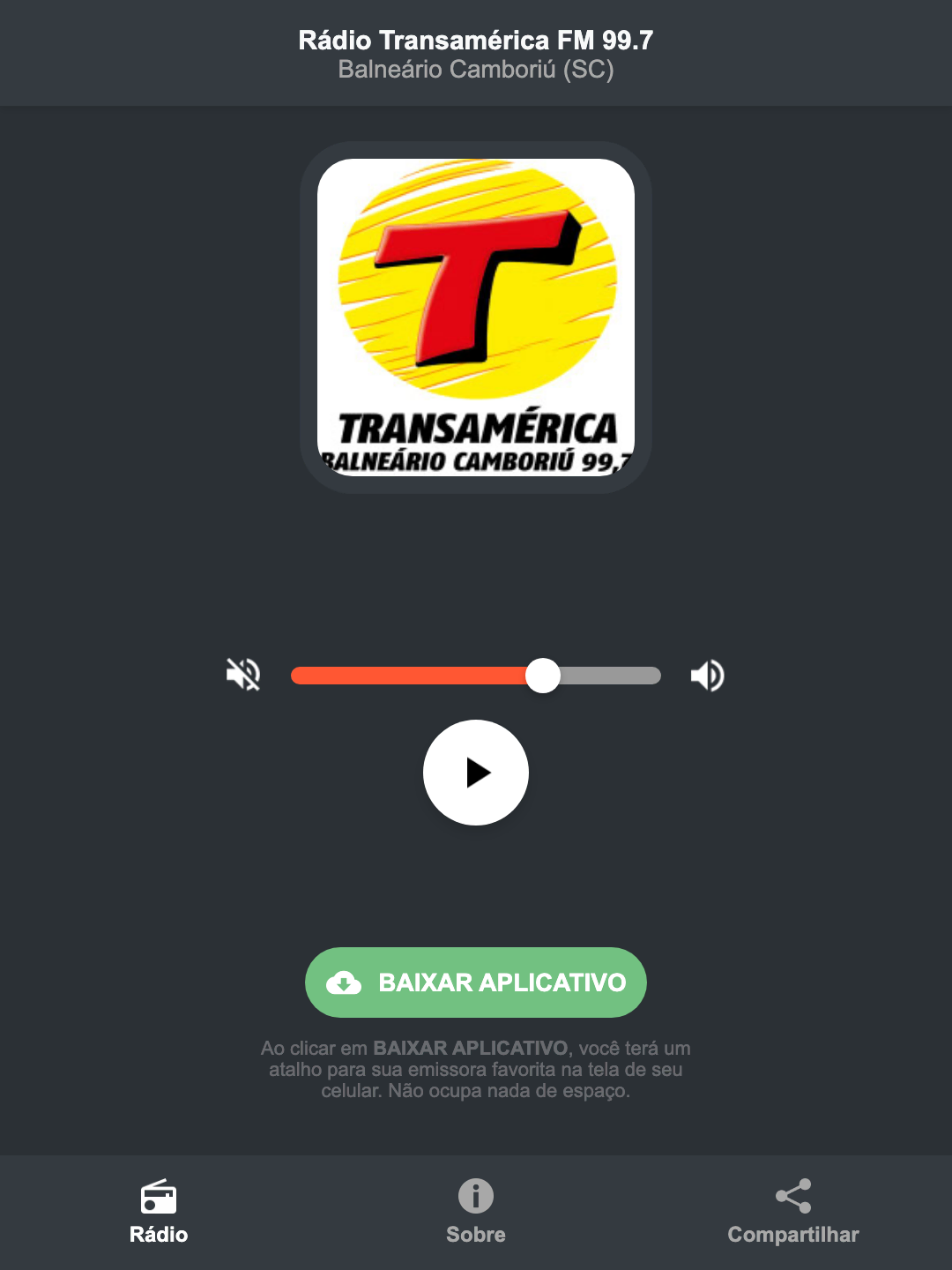 Screenshot do aplicativo da Rádio Transamérica FM 99.7