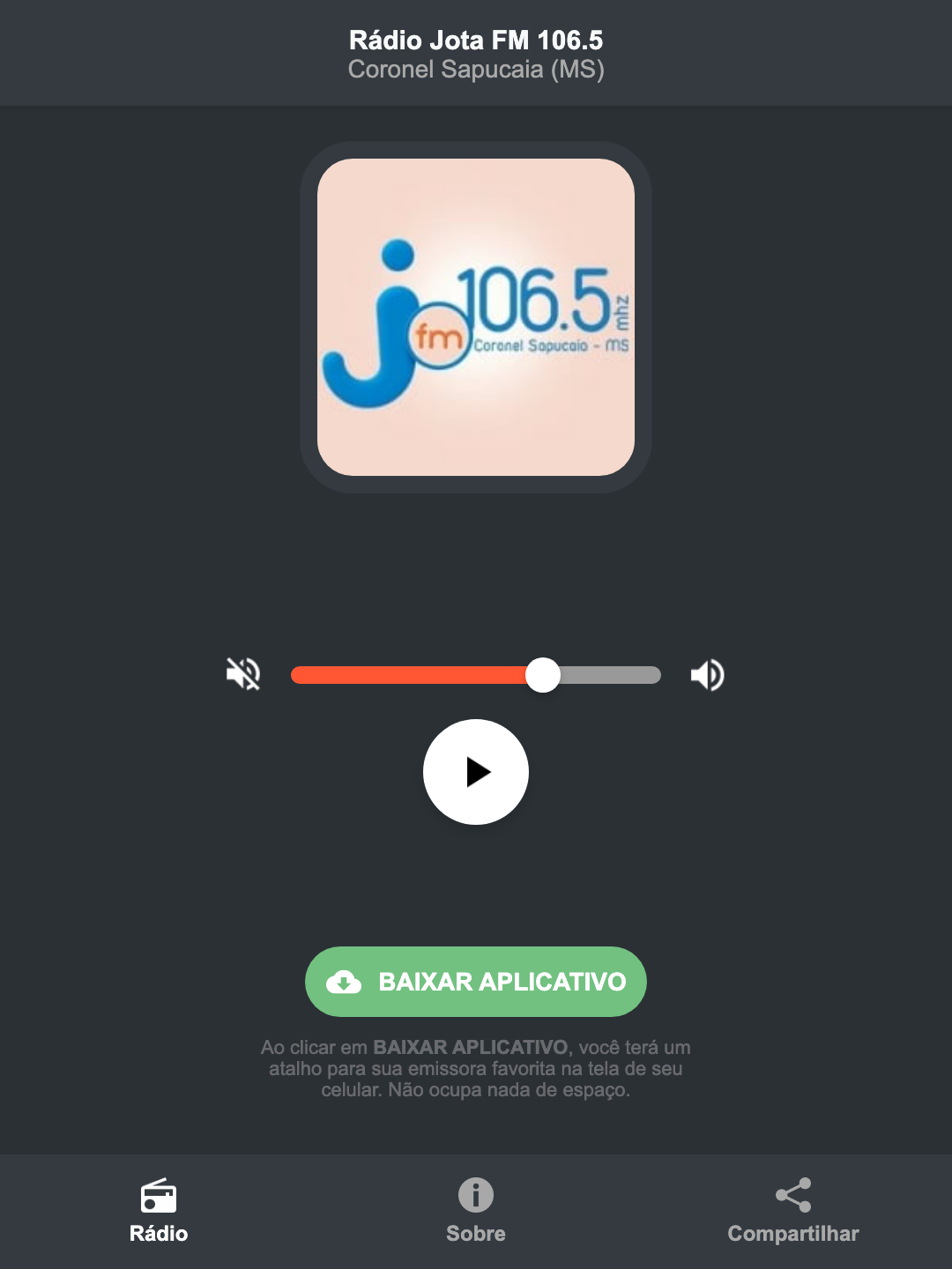 Screenshot do aplicativo da Rádio Jota FM 106.5