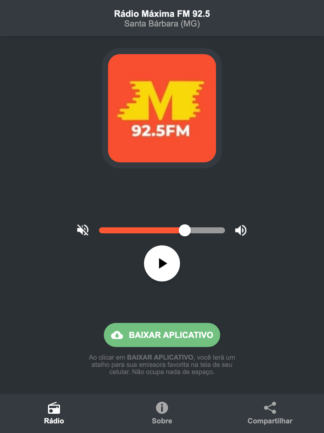 Screenshot do aplicativo da Rádio Máxima FM 92.5