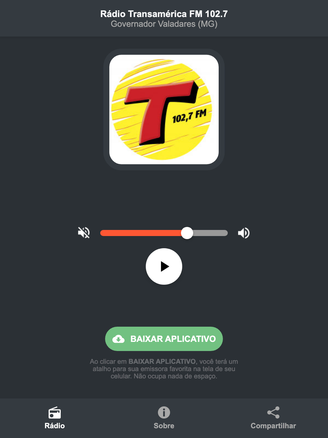Screenshot do aplicativo da Rádio Transamérica FM 102.7