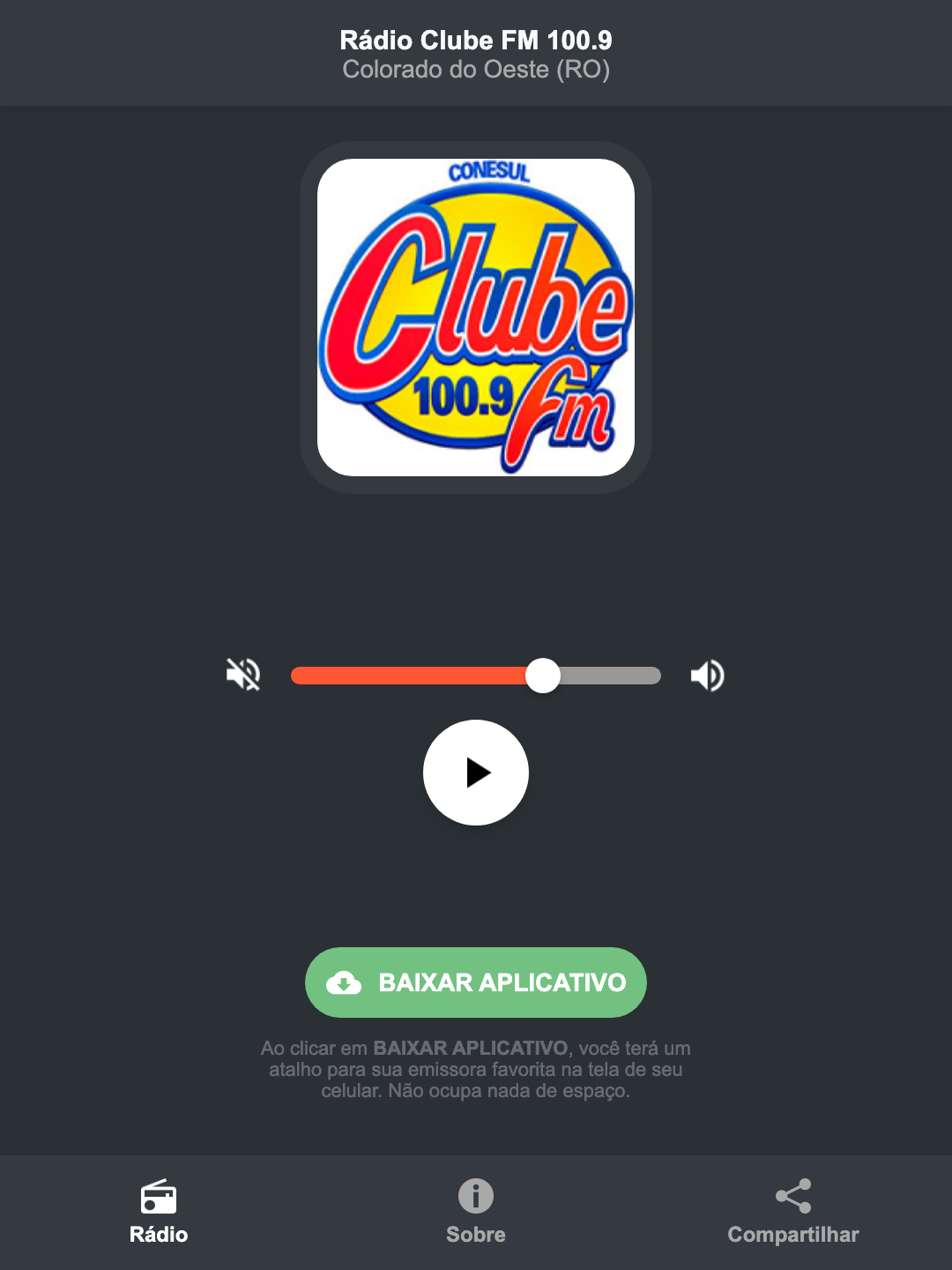 Screenshot do aplicativo da Rádio Clube FM 100.9
