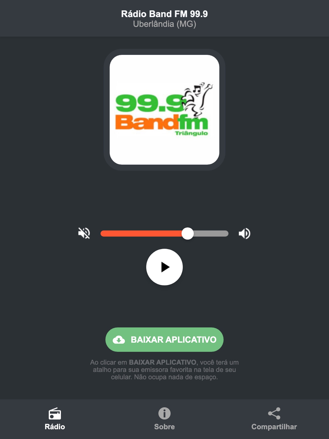 Screenshot do aplicativo da Rádio Band FM 99.9