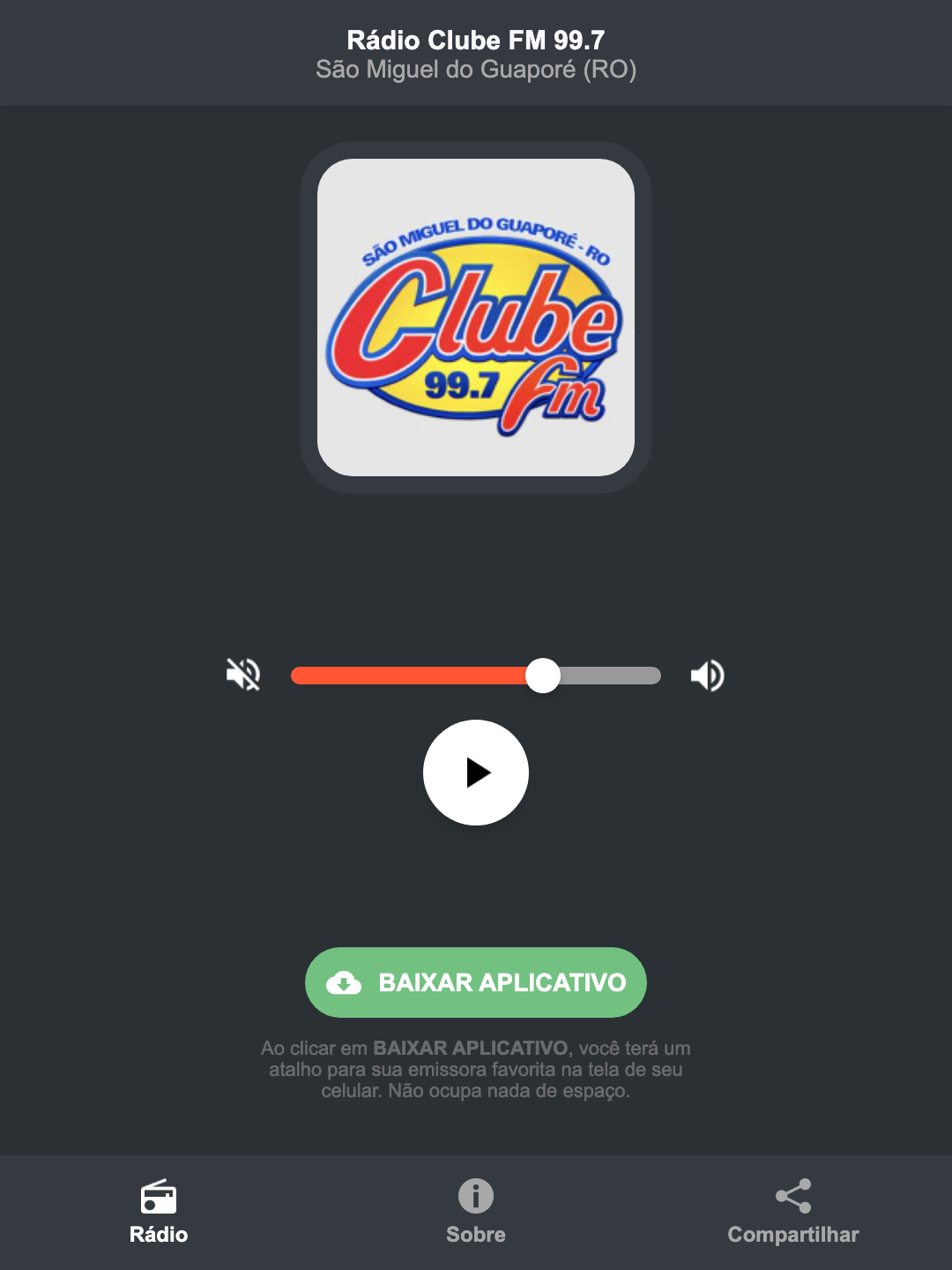 Screenshot do aplicativo da Rádio Clube FM 99.7