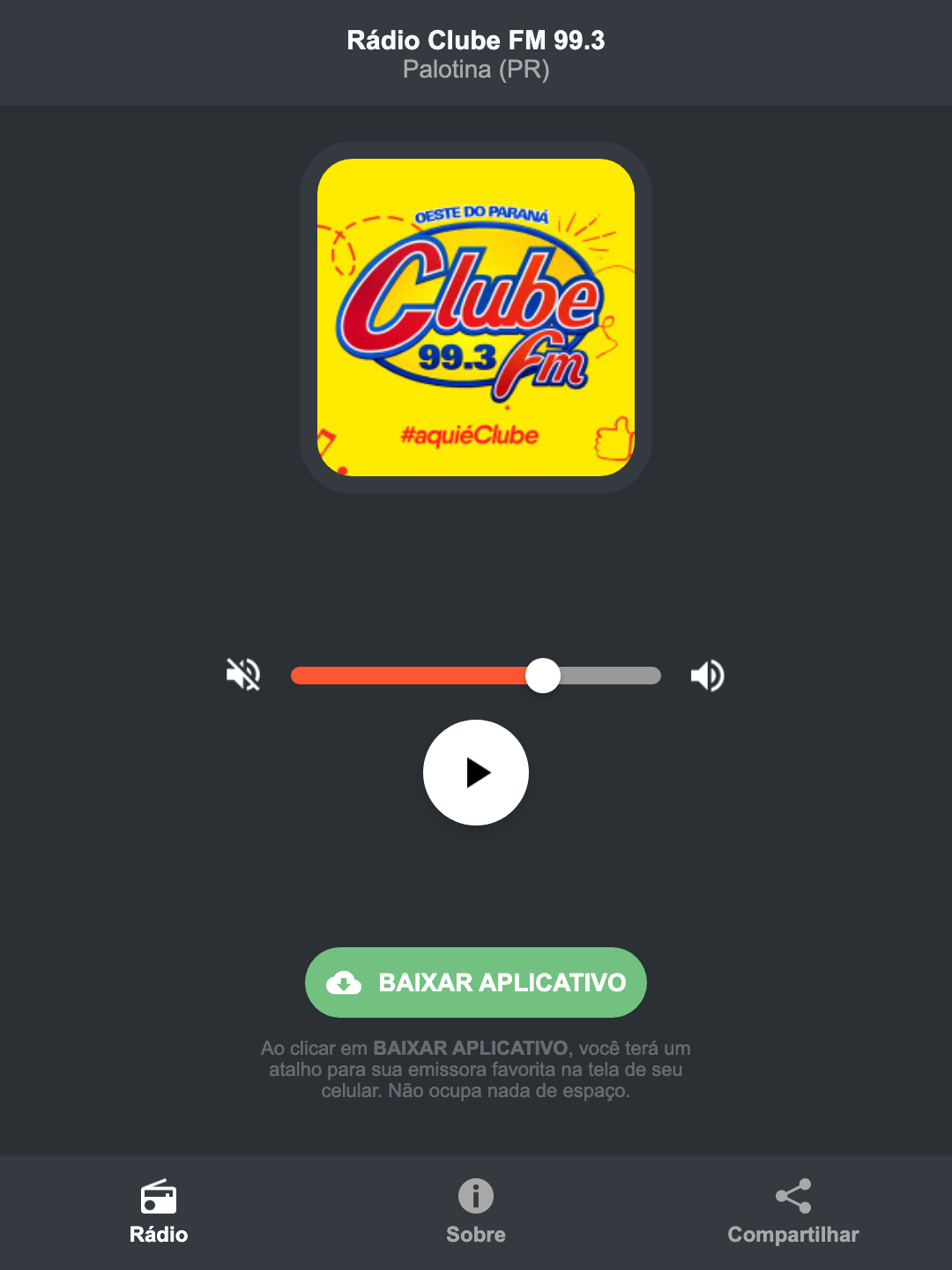 Screenshot do aplicativo da Rádio Clube FM 99.3