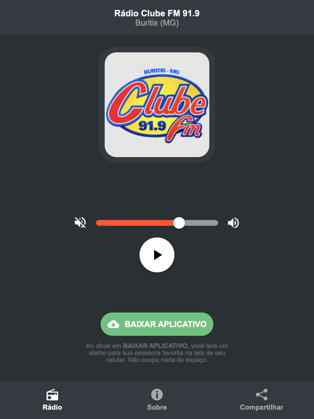 Screenshot do aplicativo da Rádio Clube FM 91.9
