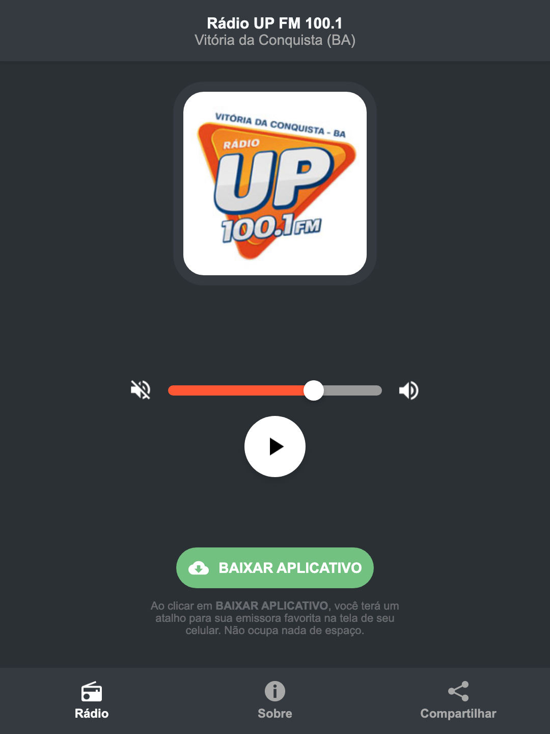 Screenshot do aplicativo da Rádio UP FM 100.1