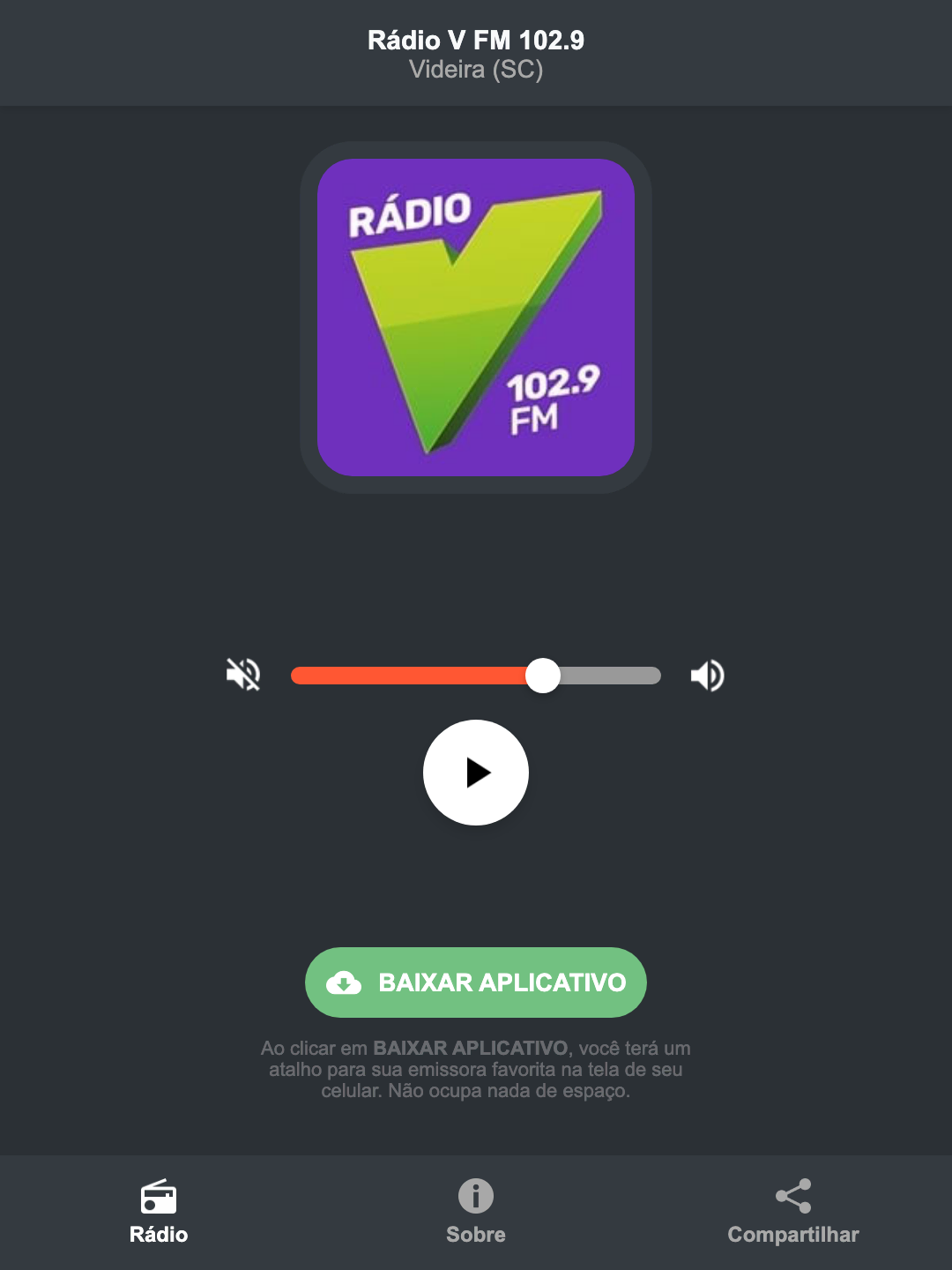 Screenshot do aplicativo da Rádio V FM 102.9