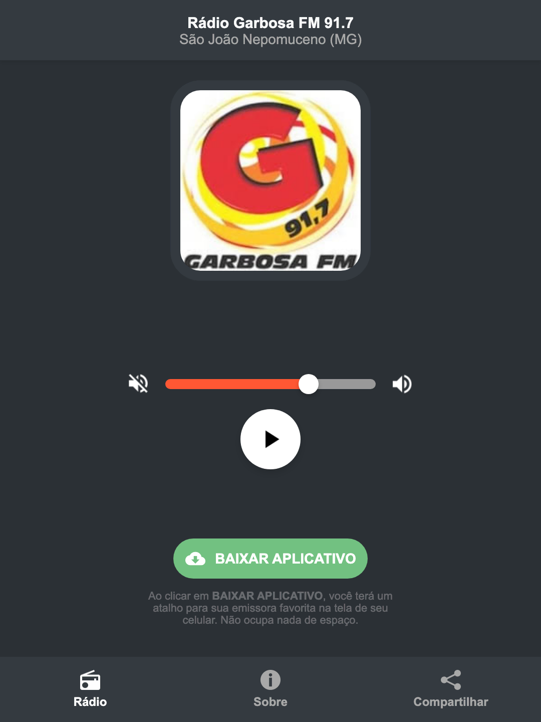 Screenshot do aplicativo da Rádio Garbosa FM 91.7