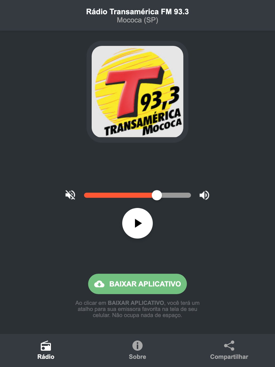Screenshot do aplicativo da Rádio Transamérica FM 93.3