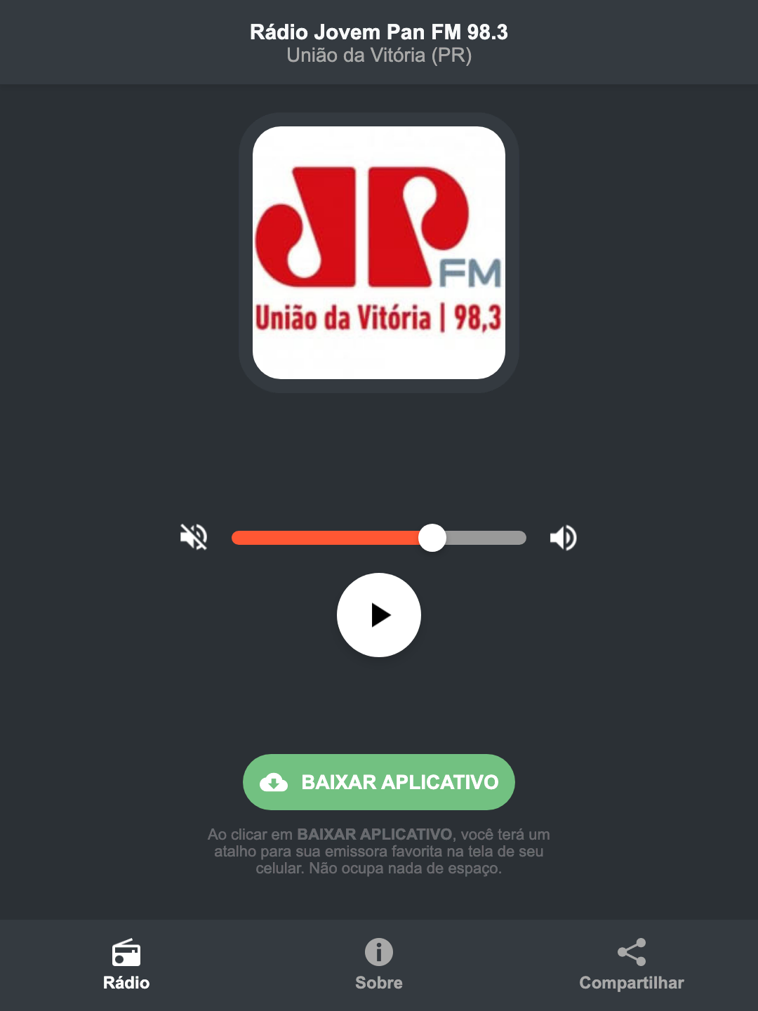 Screenshot do aplicativo da Rádio Jovem Pan FM 98.3