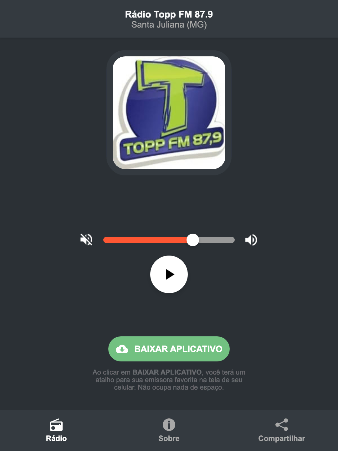 Screenshot do aplicativo da Rádio Topp FM 87.9