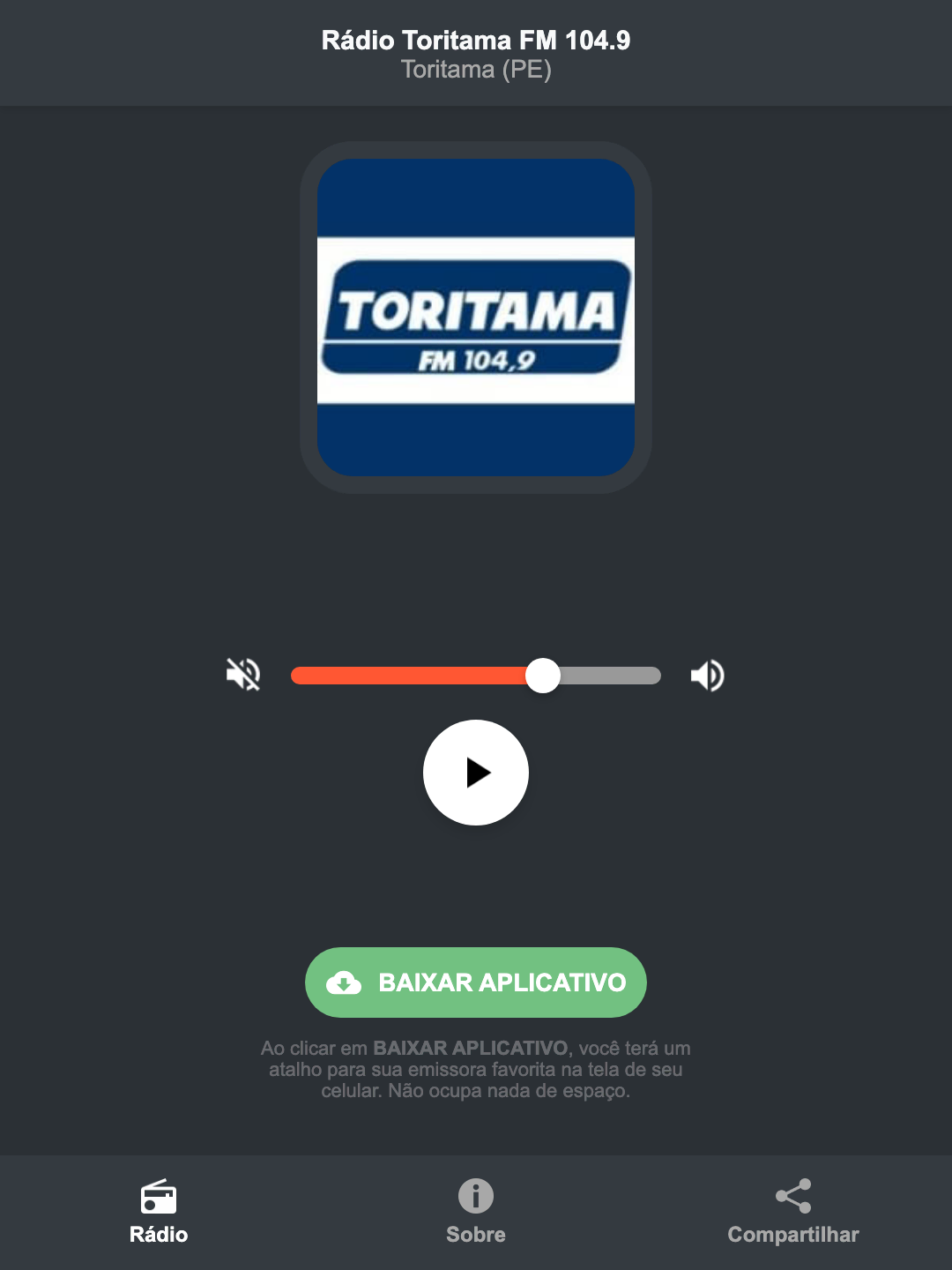 Screenshot do aplicativo da Rádio Toritama FM 104.9
