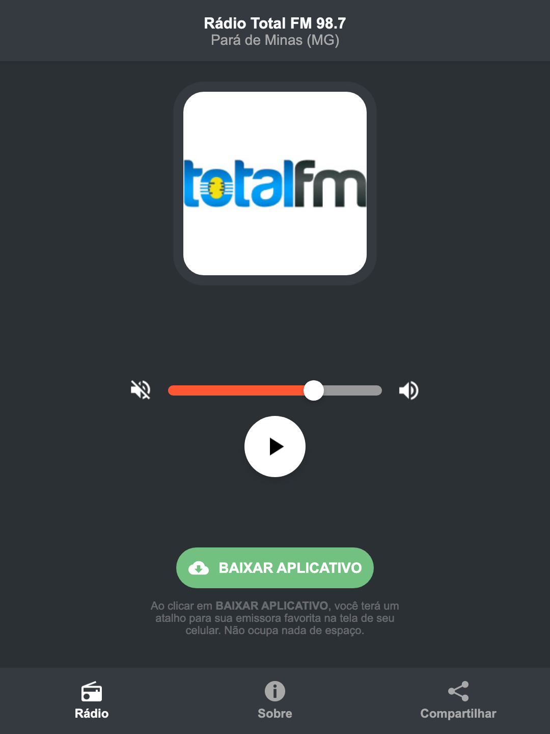 Screenshot do aplicativo da Rádio Total FM 98.7