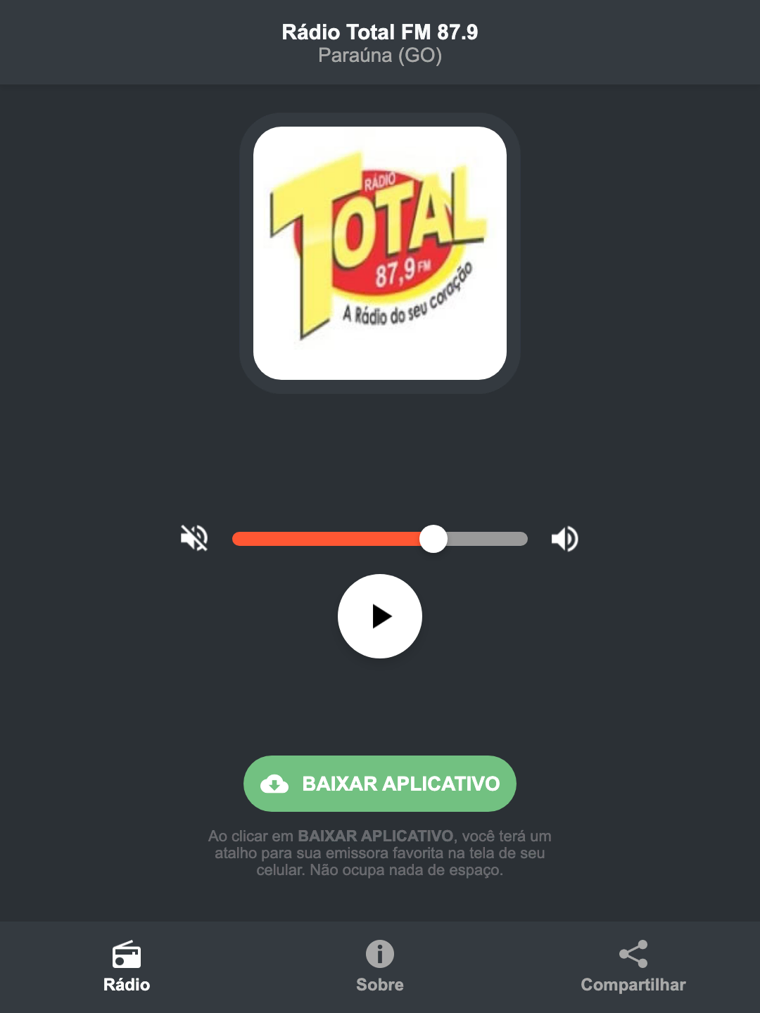 Screenshot do aplicativo da Rádio Total FM 87.9