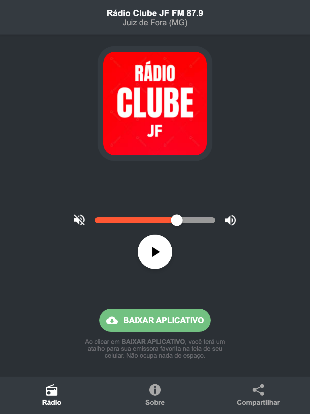 Screenshot do aplicativo da Rádio Clube JF FM 87.9