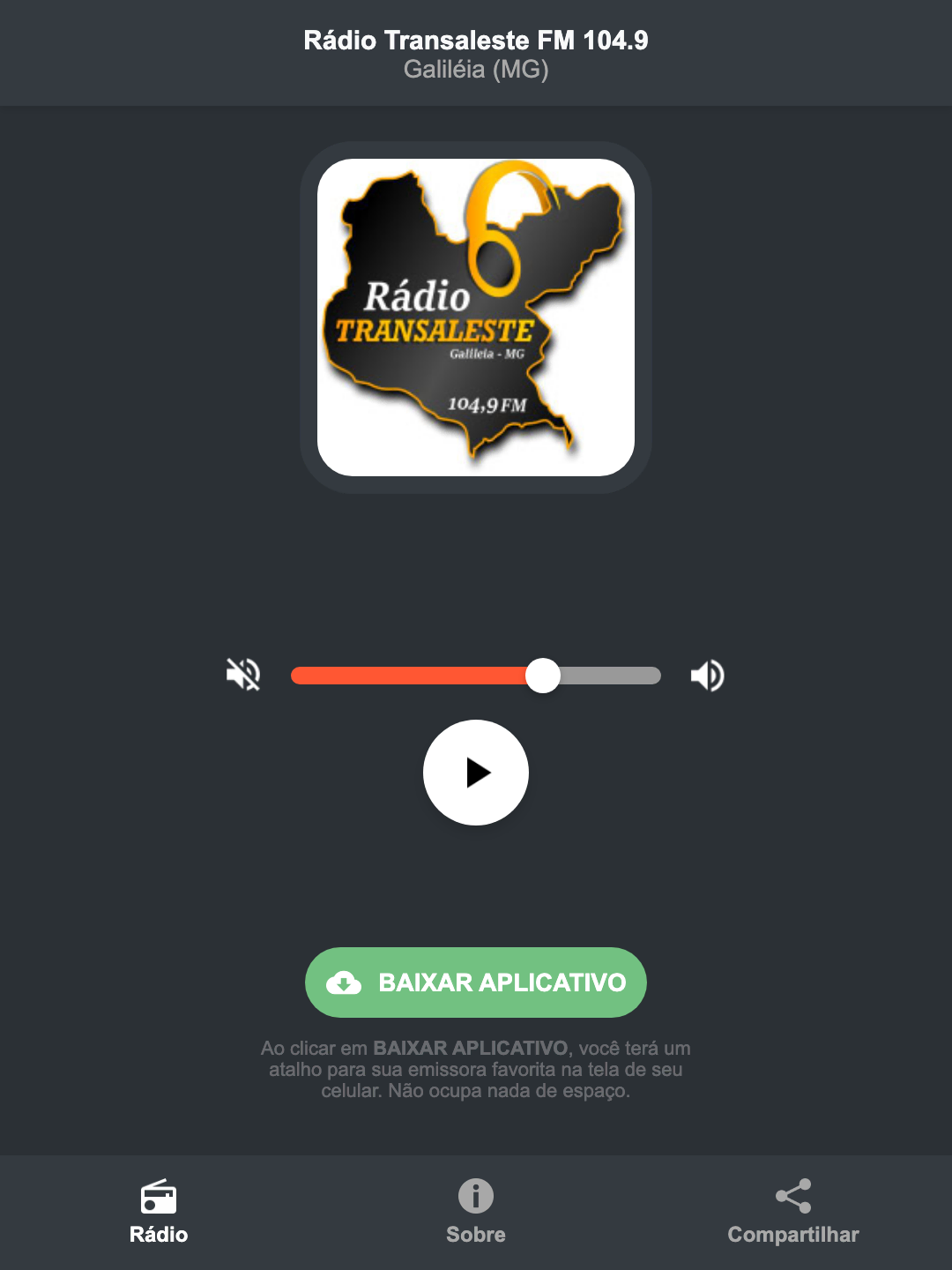 Screenshot do aplicativo da Rádio Transaleste FM 104.9