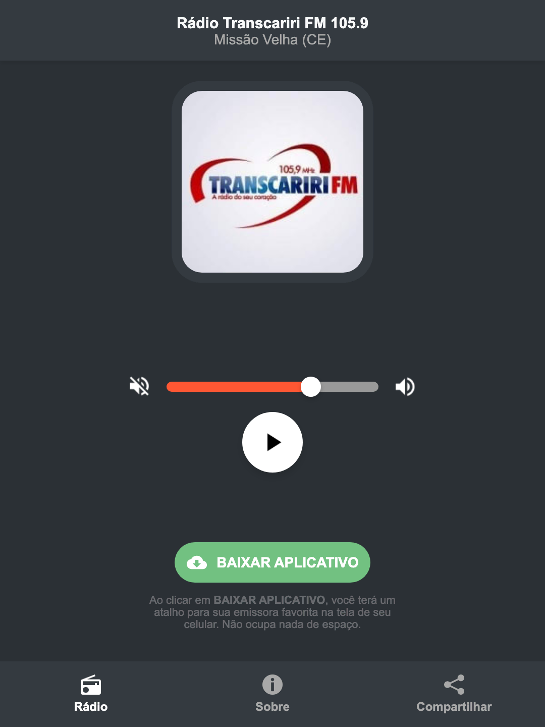 Screenshot do aplicativo da Rádio Transcariri FM 105.9