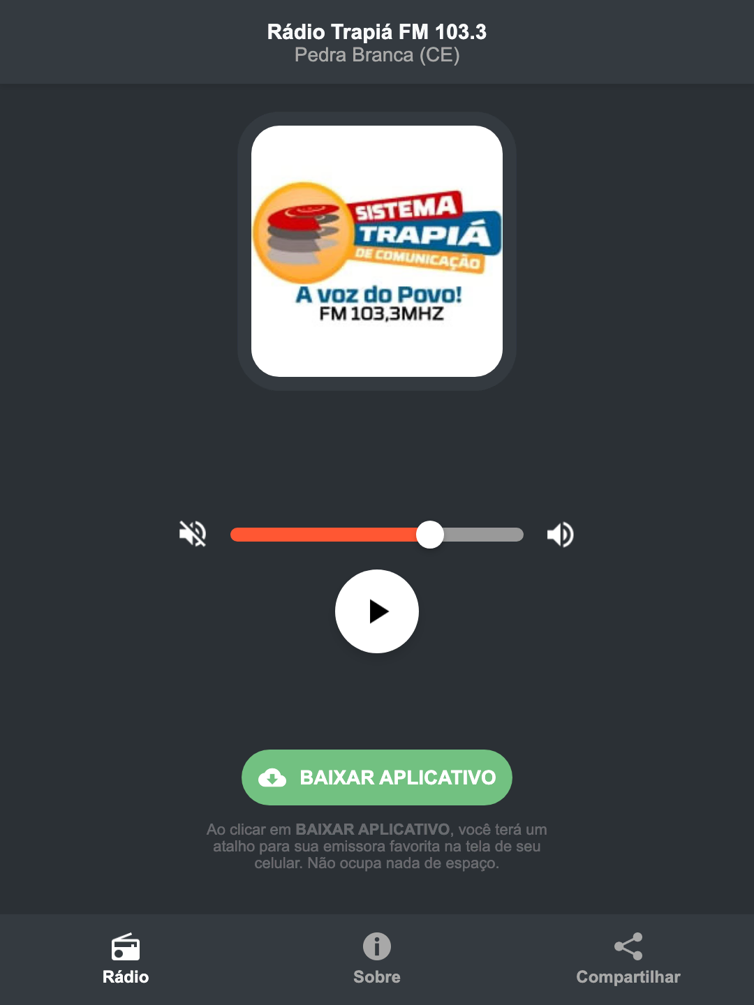 Screenshot do aplicativo da Rádio Trapiá FM 103.3