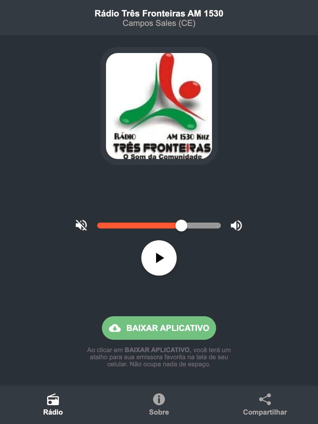 Screenshot do aplicativo da Rádio Três Fronteiras AM 1530