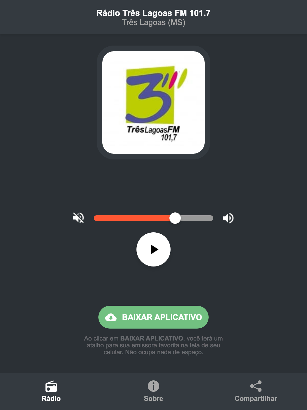 Screenshot do aplicativo da Rádio Três Lagoas FM 101.7