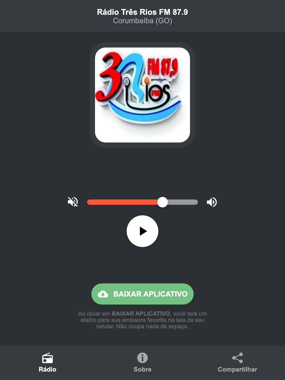 Screenshot do aplicativo da Rádio Três Rios FM 87.9