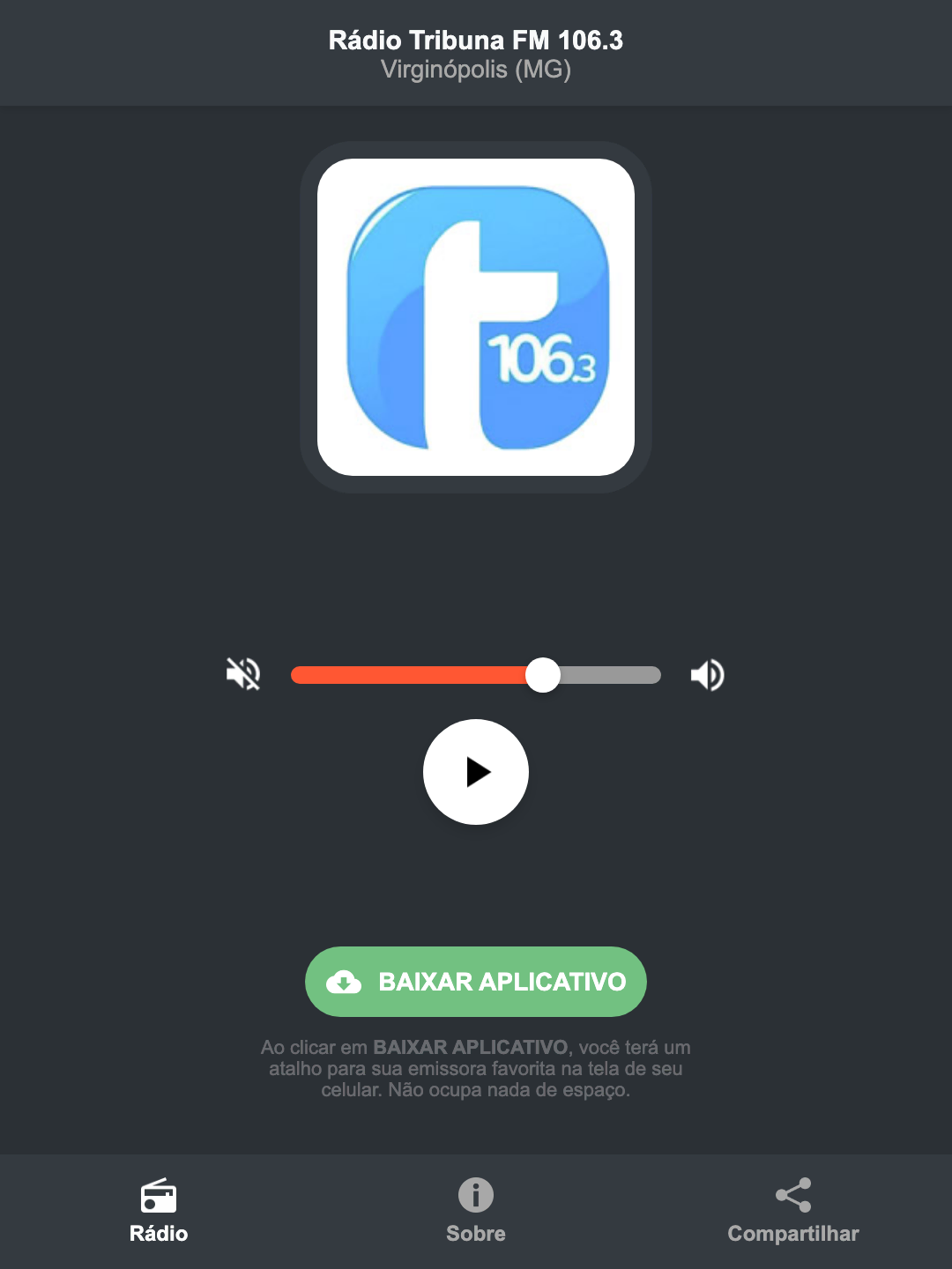 Screenshot do aplicativo da Rádio Tribuna FM 106.3