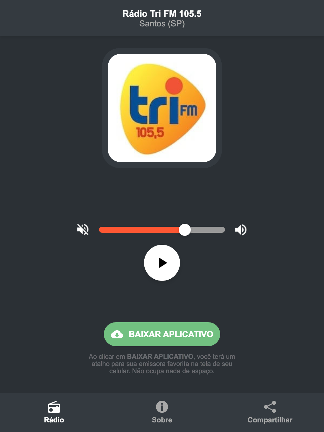 Screenshot do aplicativo da Rádio Tri FM 105.5