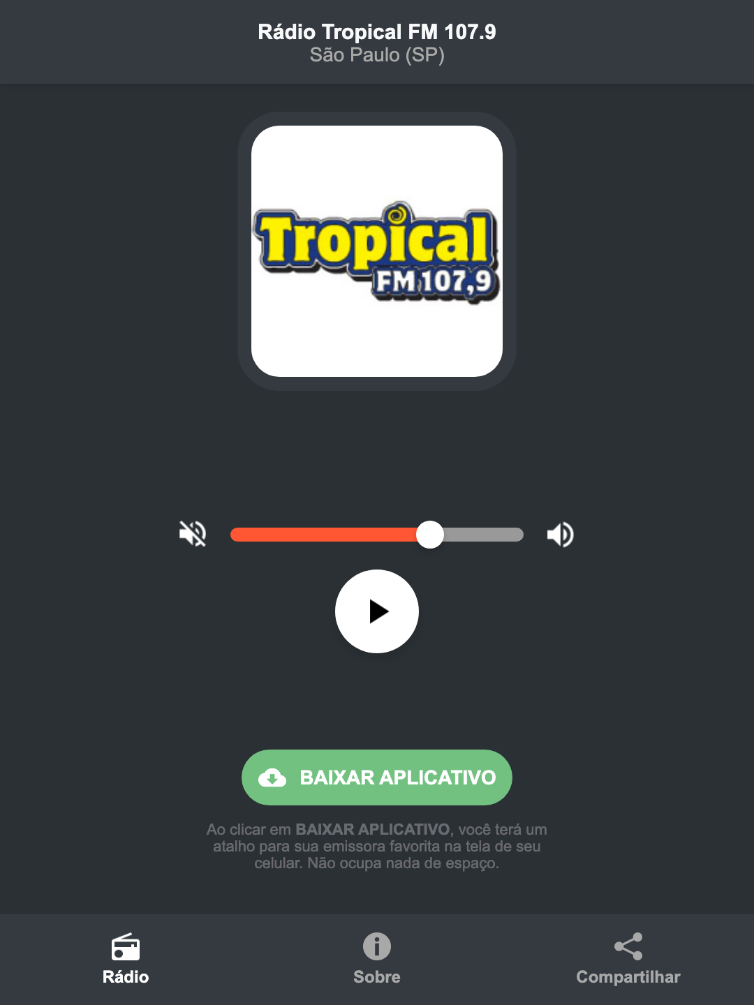 Screenshot do aplicativo da Rádio Tropical FM 107.9
