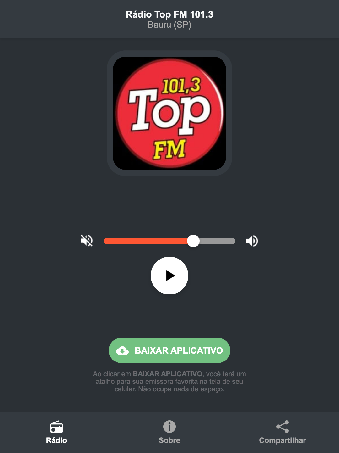 Screenshot do aplicativo da Rádio Top FM 101.3