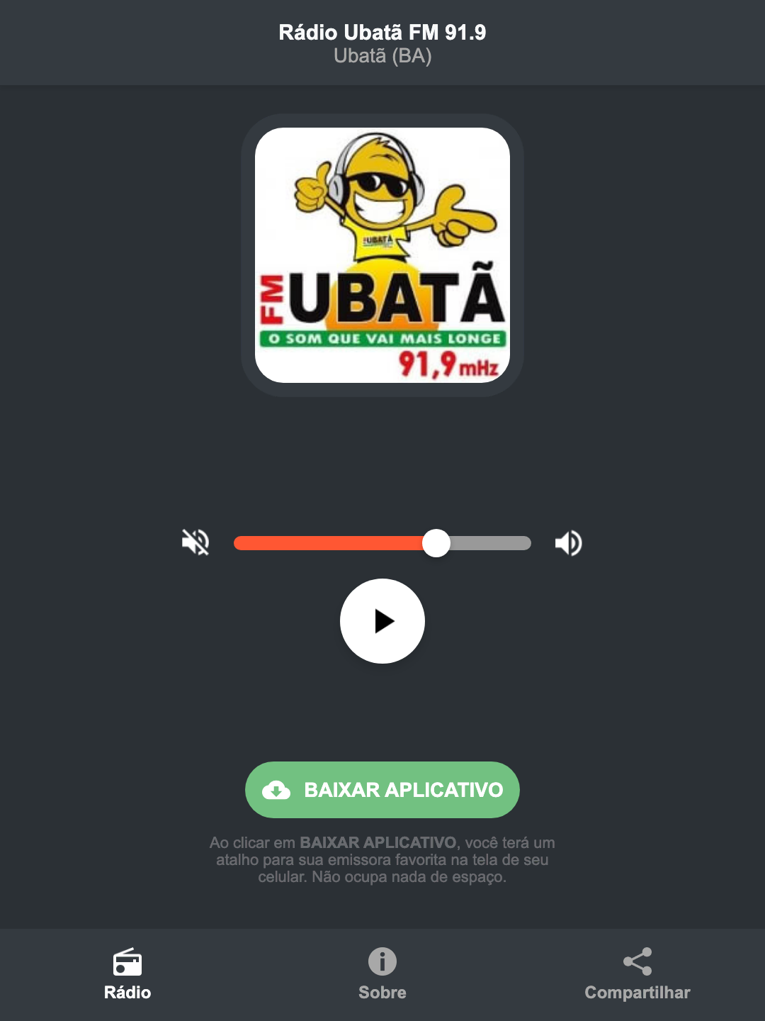 Screenshot do aplicativo da Rádio Ubatã FM 91.9
