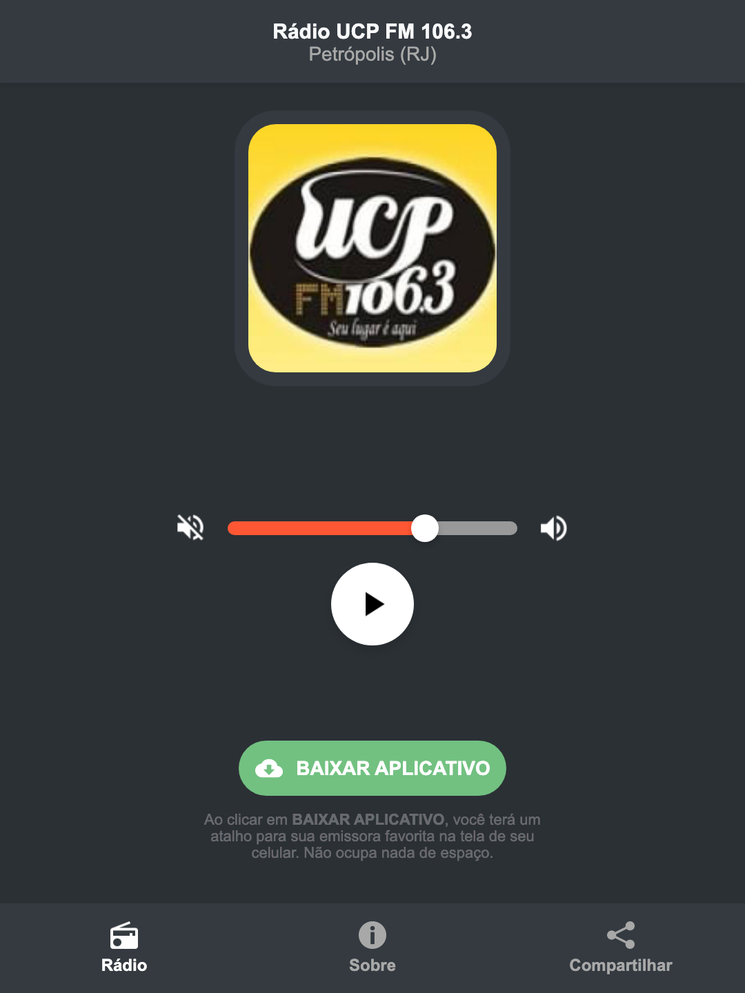 Screenshot do aplicativo da Rádio UCP FM 106.3